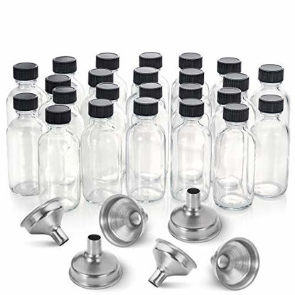 Picture of 24, 2 oz Small Clear Glass Bottles (60ml) with Lids & 6 Stainless Steel Funnels - Boston Round Sample Bottles for Potion, Juice, Ginger Shots, Oils, Whiskey, Liquids - Mini Travel Bottles, NO Leakage