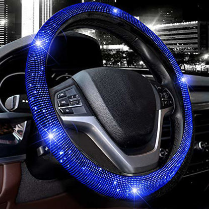 Picture of Valleycomfy Steering Wheel Cover for Women Bling Bling Crystal Diamond Sparkling Car SUV Wheel Protector Universal Fit 15 Inch (Black with Blue Diamond,Standard Size(14" 1/2-15" 1/4))