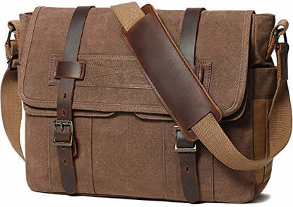 Picture of Messenger Bag for Men 15.6 Inch Rugged Waxed Canvas Laptop Bag Waterproof Genuine Leather Briefcase Satchel Bags for Men Large Work Computer Bag, Brown