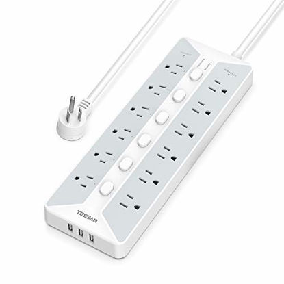 Picture of Power Strip Surge Protector, Individual Switches, TESSAN Extension Cord 6 Feet Flat Plug with 12-Outlets 3 USB Ports, Wall Mount Home and Office Accessories, 1700 Joules