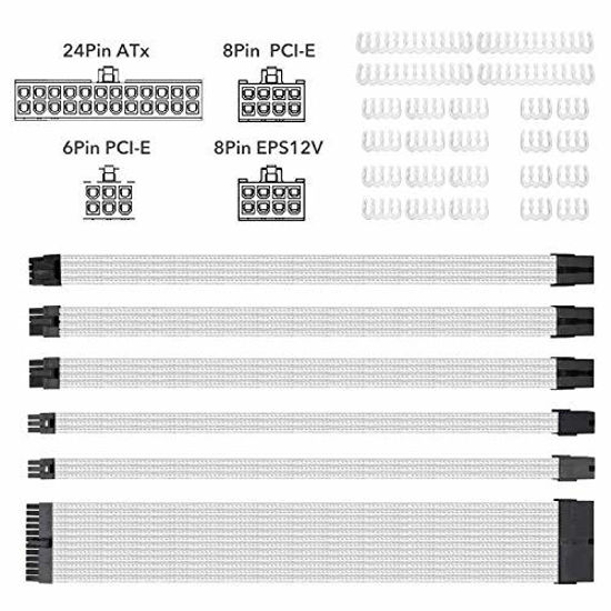 Picture of Braided ATX Sleeved Cable Extension Kit for Power Supply Cable Kit, PSU Connectors, 24 Pin, 8 Pin, 6 Pin 4 + 4 Pin, 6 Pack, with Cable Comb 24 Pieces Set 24-Pin, 8-Pin, 6-Pin (White)