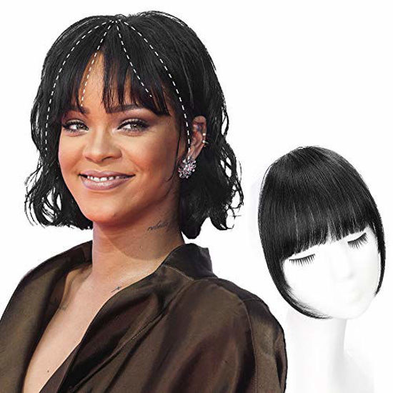 Picture of AISI QUEENS Clip in Bangs 100% Human Hair Extensions Black Clip on Fringe Bangs with nice net Natural Flat neat Bangs with Temples for women One Piece Hairpiece for Daily Wear(Natural Black)