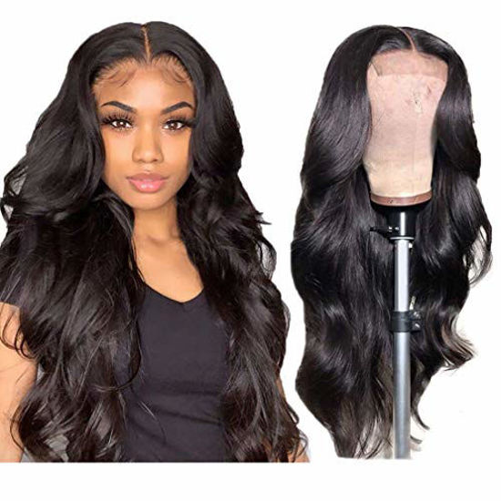 Picture of 4x4 Lace Front Wig Human Hair Body Wave Lace Closure Wig Brazilian Virgin Hair Body Wave Front Lace Wigs Human Hair Wavy Human Hair Wig Human Hair Lace Front Wigs Pre Plucked Bleached Knots 24 Inch