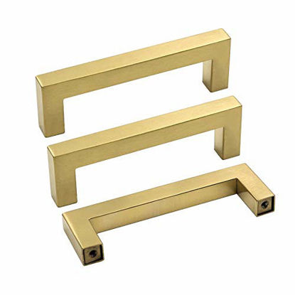 Picture of goldenwarm 10 Pack Brushed Brass Cabinet Handles Gold Drawer Pulls - LSJ12GD115 Furniture Cupboard Door Handles 4-1/2 Hole Centers Handle for Dresser Square Closet Door Handle