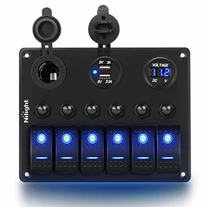 Picture of Nilight 6 Gang 5 Pin ON/Off Toggle Rocker Switch Panel with 12V-24V LED Digital Voltmeter 3.1A Dual USB Charger Cigarette Lighter Socket Overload Protection For RV Truck Boat SUV, 2 Years Warranty