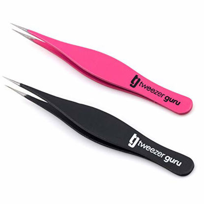 Picture of Tweezers for Ingrown Hair by Tweezer Guru - Best Stainless Steel Professional Pointed Tweezer - Precision Eyebrow and Splinter Removal Tweezers (Pink and Black)