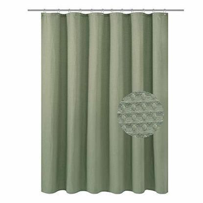 Picture of Short Waffle Weave Fabric Shower Curtain 66 inch Long, Hotel Luxury Spa, 230 GSM Heavy Duty, Water Repellent, Machine Washable, Sage Green Pique Pattern Decorative Bathroom Curtain, 71x66