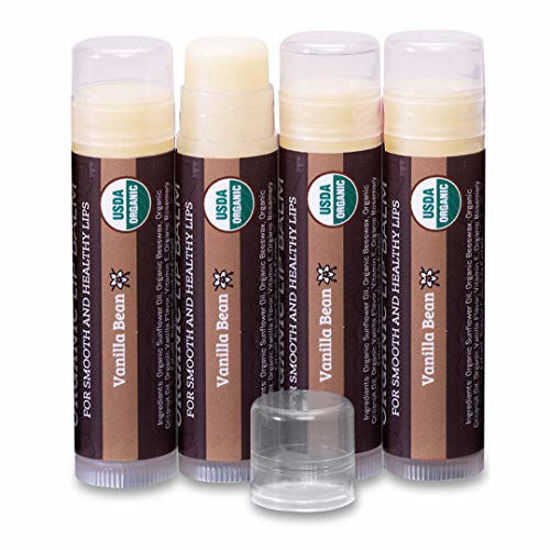 Picture of USDA Organic Lip Balm 4-Pack by Earth's Daughter - Vanilla Flavor, Beeswax, Coconut Oil, Vitamin E - Best Lip Repair Chapstick for Dry Cracked Lips.