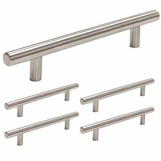 Picture of homdiy Cabinet Pulls Brushed Nickel 5 Pack Brushed Nickel Cabinet Handles 5in Hole Center - HD201SN Bathroom Cabinet Hardware Pulls Brushed Nickel Metal Drawer Pulls for Kitchen, Closet, Wardrobe