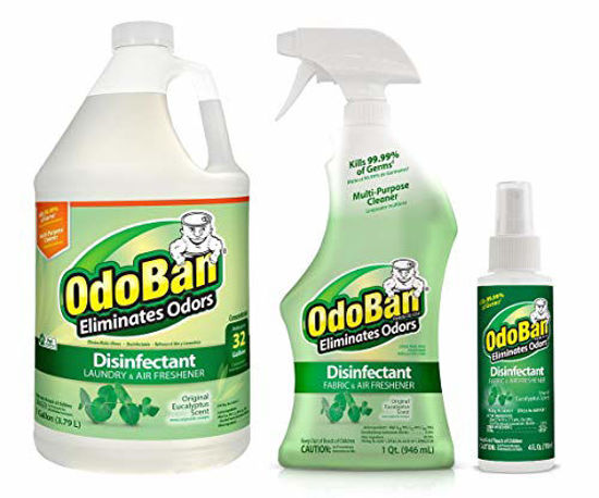 Picture of OdoBan Multipurpose Cleaner, 1 Gallon Concentrate, 32oz Ready-to-Use and 4oz Travel Spray, Eucalyptus Scent, Odor Eliminator, Disinfectant, Flood Fire Water Damage Restoration