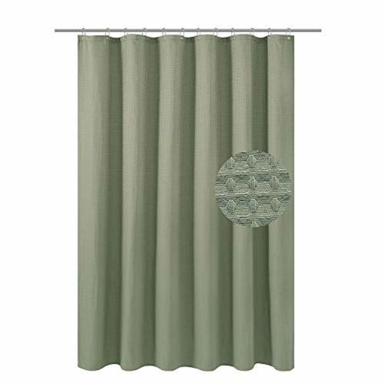 Picture of Waffle Weave Fabric Shower Curtain Heavyweight 230 GSM, Hotel Luxury, Machine Washable, Sage Green Pique Diamond Pattern, 71 x 72 inches Decorative Bathroom Curtains