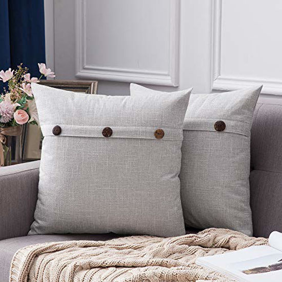 Picture of MIULEE Set of 2 Linen Throw Pillow Covers Cushion Case Triple Button Vintage Farmhouse Pillowcase for Couch Sofa Bed 20 x 20 Inch 50 x 50 cm Greyish White