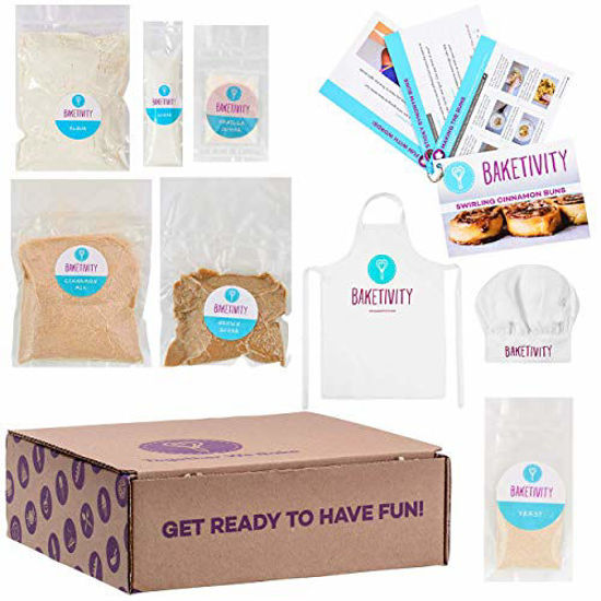 Picture of Baketivity Kids Baking DIY Activity Kit - Bake Delicious Cinnamon Buns with Pre-Measured Ingredients - Best Gift Idea for Boys and Girls Ages 6-12 - Includes Free Hat and Apron