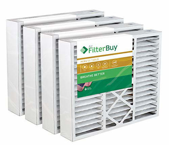 Picture of FilterBuy 21x21x5 Rheem Ruud PD540018 Compatible Pleated AC Furnace Air Filters (MERV 11, AFB Gold). Fits air cleaner models RXFH-E21AM10 RXFH-E21AM13. 4 Pack.