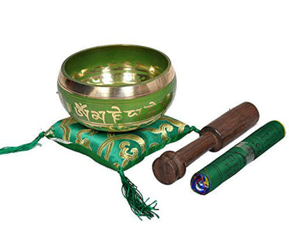 Picture of Tibetan Singing Bowl Set By Dharma Store - With Traditional Design Tibetan Buddhist Prayer Flag - Handmade in Nepal (Green)