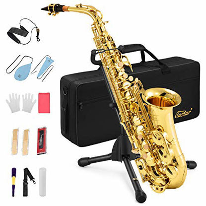 Picture of Eastar AS- Student Alto Saxophone E Flat Gold Lacquer Alto Beginner Sax Full Kit With Carrying Sax Case Mouthpiece Straps Reeds Stand Cork Grease