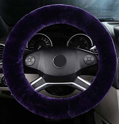 Picture of ANDALUS Car Steering Wheel Cover, Fluffy Pure Australia Sheepskin Wool, Universal 15 inch (Dark Purple)