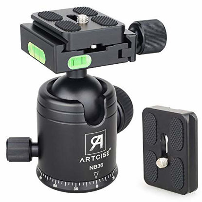 Picture of Ball Head Camera Tripod Ball Head Mount 36MM Ball Diameter ARTCISE NB36 Metal CNC 360 Degree Rotating Panoramic 1/4" Screw 3/8" Hole with Two 1/4" Quick Release Plates, Max Load 33lbs/15kg