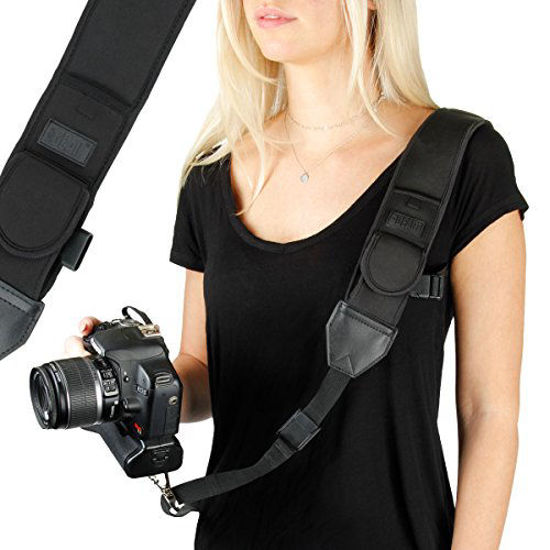 USA GEAR TrueSHOT Neck Strap Neoprene Camera Straps - Padded Camera Strap,  Pockets, and Quick Release Buckles - Compatible with Canon, Nikon, Sony and