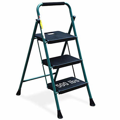 Picture of HBTower 3 Step Ladder, Folding Step Stool with Wide Anti-Slip Pedal, 500 lbs Sturdy Steel Ladder, Convenient Handgrip, Lightweight, Portable Steel Step Stool, Green and Black