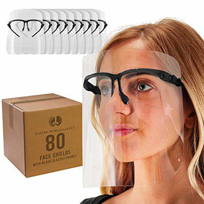 Picture of TCP Global Salon World Safety Face Shields with Black Glasses Frames (20 Packs of 4) - Ultra Clear Protective Full Face Shields to Protect Eyes, Nose, Mouth - Anti-Fog PET Plastic, Goggles