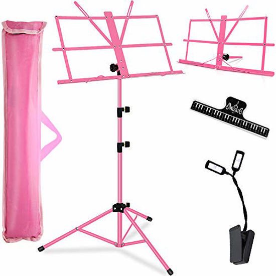 Picture of Music Stand, Kasonic 2 in 1 Dual-Use Folding Sheet Music Stand & Desktop Book Stand, Portable and Lightweight with LED Light/Music Sheet Clip Holder/Carrying Bag Suitable (Pink)