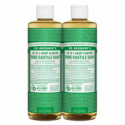 Picture of Dr. Bronners - Pure-Castile Liquid Soap (Almond, 16 ounce, 2-Pack) - Made with Organic Oils, 18-in-1 Uses: Face, Body, Hair, Laundry, Pets and Dishes, Concentrated, Vegan, Non-GMO
