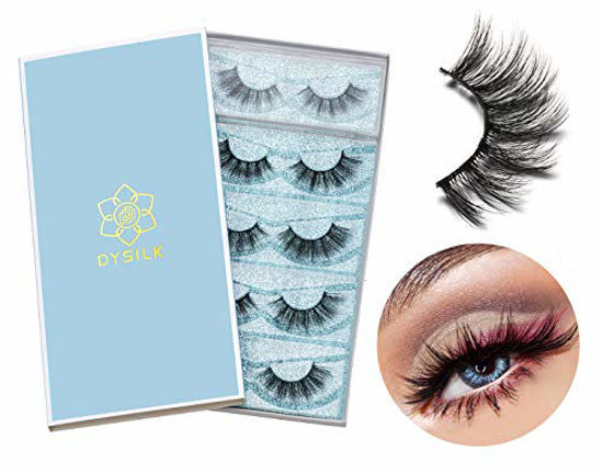 Picture of DYSILK 5 Pairs 6D Mink Eyelashes Faux Cross Fluffy Natural Look False Eyelashes Wispies Long Extension Eyelashes Pack Makeup Thick Fake Eyelashes Soft Reusable Lashes Without Glue |001-15mm