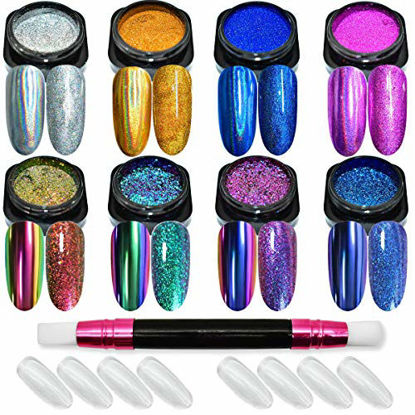 Picture of Nail Powder WENIDA 8 Jar Holographic Chameleon Chrome Mirror Laser Synthetic Resin Pigment with 8 False Nails and Silicone Nail Brush for Manicure Decoration