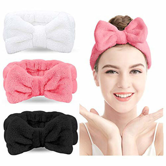 LADES Spa Headband - 3 Pack Bow Hair Band Women Facial Makeup Head Band  Soft Coral Fleece Head Wraps For Shower Washing Face (White+blue+gray)