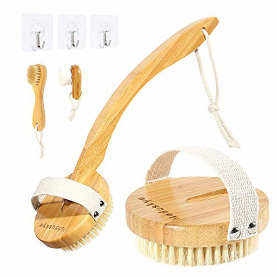 Picture of Wooden Shower Brush, Moduskye Back Brush with Long Handle, Back Scrubber for Wet Dry Brushing Skin Exfoliating, Bristles Massager Soft Shower Glove For Women Girlfriend Mom Gift (Premium Bamboo)