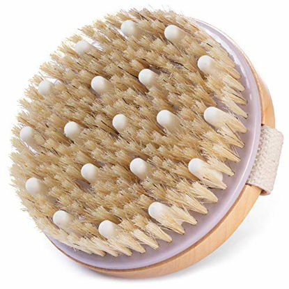 Picture of MainBasics Round Dry Brushing Body Brush - Massaging + Exfoliating Body Scrub Brush with Boar Bristles & Rubber Nodules Removes Dead Cells, Massages Muscles, Stimulates Lymphatic Drainage, 4.25 in