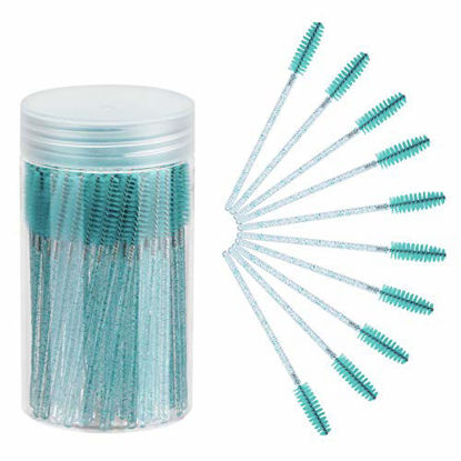 Picture of ChefBee 100PCS Disposable Eyelash Brush, Mascara Wands Makeup Brushes Applicators Kits for Eyelash Extensions and Eyebrow Brush with Container (Crystal Blue)
