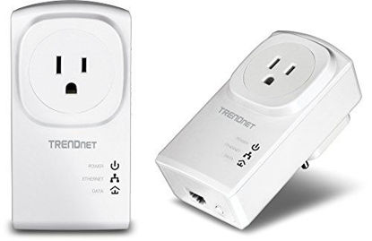 Picture of TRENDnet Powerline 500 AV Nano Adapter Kit with Built-In Outlet, With Power Outlet Pass-Through, Includes 2 x TPL-407E Adapters, TPL-407E2K, White, AV 500 Pass-Through