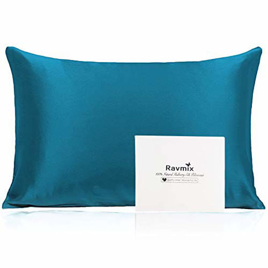 Picture of Ravmix Pillowcase Standard Size with Hidden Zipper 100% Silk Pillow Cover for Hair and Skin Both Sides 21 Momme 600 Thread Count Hypoallergenic Soft Breathable, 20×26inch, 1pcs, Peacock Blue