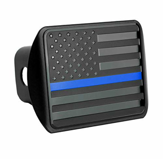 Picture of eVerHITCH USA US American Stainless Steel Flag Emblem Metal Trailer Hitch Cover (Fits 2" Receivers, Black Flag with Thin Blue line)