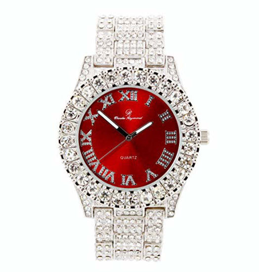 Picture of Mens Silver Big Rocks with Roman Numerals Fully Iced Out Colorful Dial Watch - ST10327 RN Single (Blood Red/Silver)