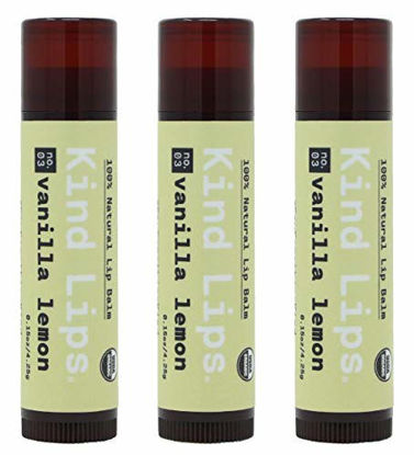 Picture of Kind Lips Organic Lip Balm Set | Vanilla Lemon 3-Pack | Certified Organic Coconut Oil, Jojoba, Beeswax | Gluten Free, Cruelty Free | 100% Soothing Natural Ingredients