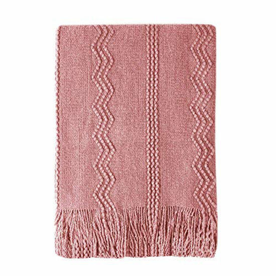 Picture of Bourina Textured Solid Soft Sofa Throw Couch Cover Knitted Decorative Blanket, 50" x 60",Coral Pink