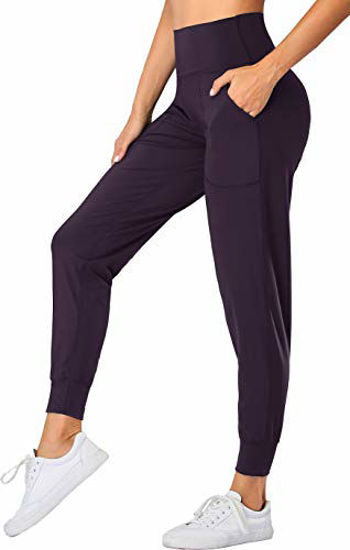 Picture of Oalka Women's Joggers High Waist Yoga Pockets Sweatpants Sport Workout Pants Vintage Violet Purple L