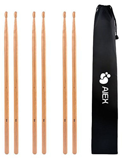 Picture of 5A Drumsticks, AIEX 3 Pair Drum Sticks Classic Maple Wood Drumsticks Wood Tip Drumstick for Students and Adults (with Waterproof Bag)