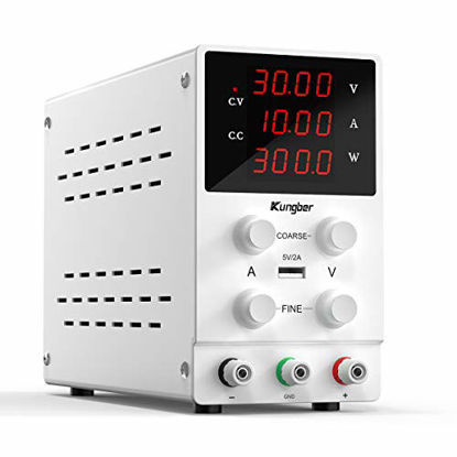 Picture of Kungber DC Power Supply Variable, 30V 10A Adjustable Switching Regulated DC Bench Linear Power Supply with 4-Digits LED Power Display 5V2A USB Output, Coarse and Fine Adjustments with Alligator Leads