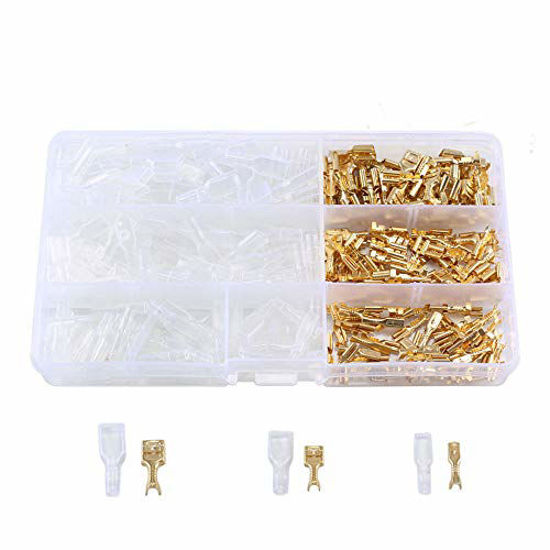 Picture of ManYee 300pcs 2.8/4.8/6.3mm Female Spade Connectors for Car Audio Speaker Brass Crimp Terminals Spade Electrical Crimp Connector Kit with Insulating Sleeve Quick Wire Splice Terminal AWG 22-14 Gauge