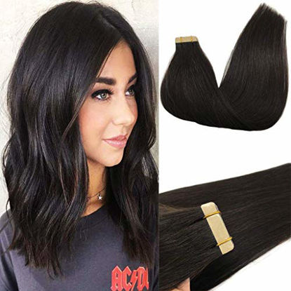 Picture of GOO GOO Human Hair Extensions Tape in Natural Black 50g 22 Inch Straight Remy Tape in Hair Extensions Real Hair Extensions