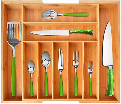 Picture of Bamboo Kitchen Drawer Organizer - Expandable Silverware Organizer/Utensil Holder and Cutlery Tray with Grooved Drawer Dividers for Flatware and Kitchen Utensils (9 Slots, Natural)