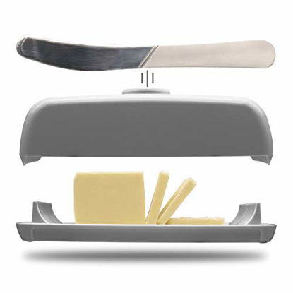 Picture of Butter Hub Butter Dish with Lid and Knife, Magnetic Butter Keeper, Easy Scoop, No Mess Lid, Plastic, Dishwasher Safe (Grey)