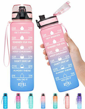 Picture of Elvira 32oz Motivational Fitness Sports Water Bottle with Time Marker & Removable Strainer,Fast Flow,Flip Top Leakproof Durable BPA Free Non-Toxic-Pink/Blue Gradient