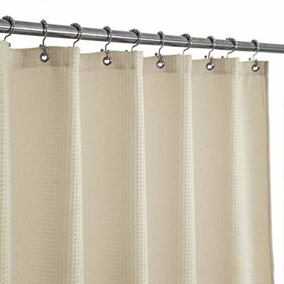 Picture of Stall Fabric Shower Curtain Waffle Weave 54 Wide by 78 Long, Hotel Luxury Spa, 230gsm Heavy Duty, Water Repellent, Machine Washable, Spa Cream Pique Pattern Decorative Bathroom Curtain