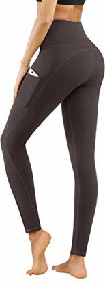 Picture of PHISOCKAT High Waist Yoga Pants with Pockets, Tummy Control Yoga Pants for Women, Workout 4 Way Stretch Yoga Leggings (Brown, Large)