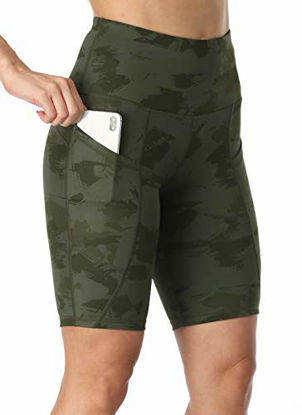 Picture of Oalka Women's Short Yoga Side Pockets High Waist Workout Running Shorts Camo Army Green Splinter X-Large
